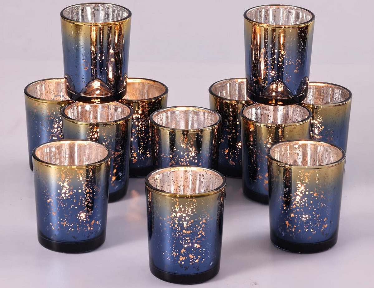 Set van 12 Marineblauwe Votief Kandelaars - Mercury Glass Theelicht Houders voor Bruiloft en Feestdecoratie