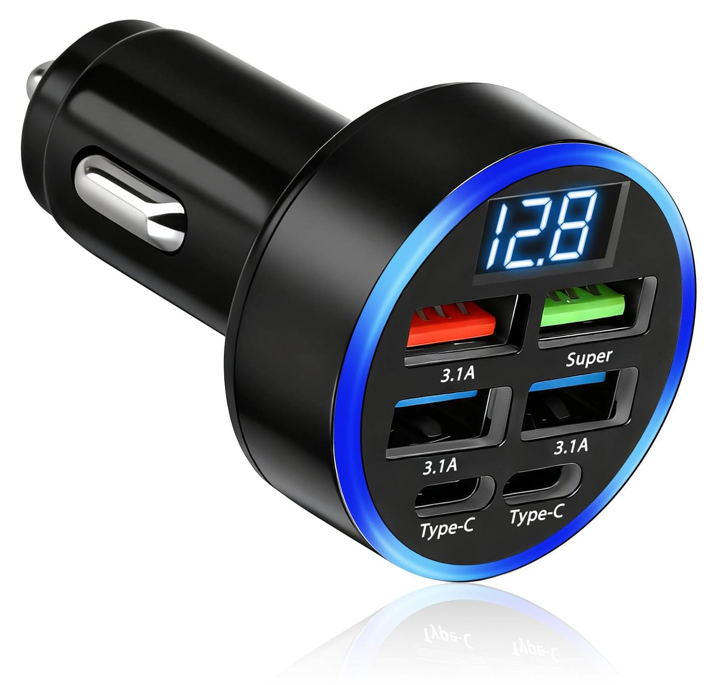 Dripio Autolader met 6 poorten, 50W, USB-C en USB-A, met LED-display