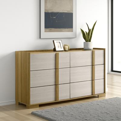 Benjara Hyle Wide Dresser, 6 Drawers, Modern Natural Brown and White Finish