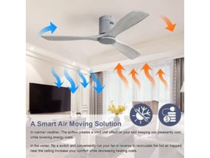 52 Inch Flush Mount Ceiling Fan DC 3 Carved Wood Fan Blade Noiseless Reversible Motor Remote Control without Light