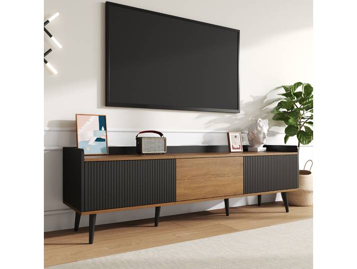 Meuble TV, table TV, meuble TV, meuble base à trois portes. Conception compacte. Finition bois noir et naturel.