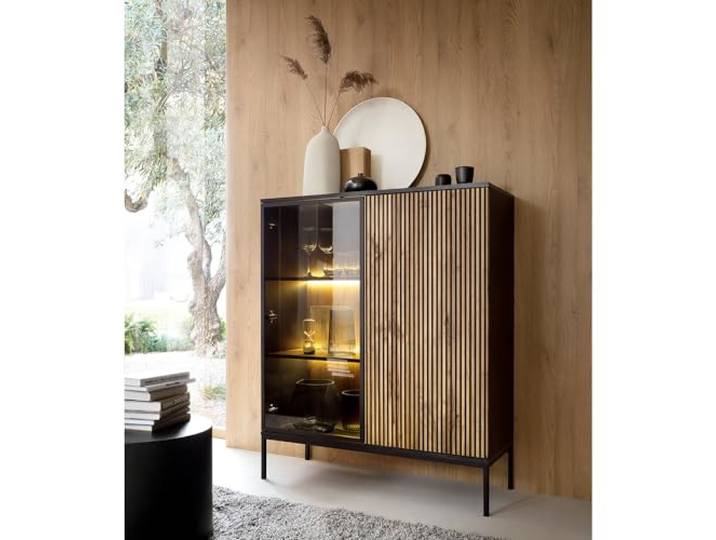Lomadox Highboard Anrichte mit Beleuchtung Wohnzimmer Esszimmer in schwarz mit Wotan Eiche