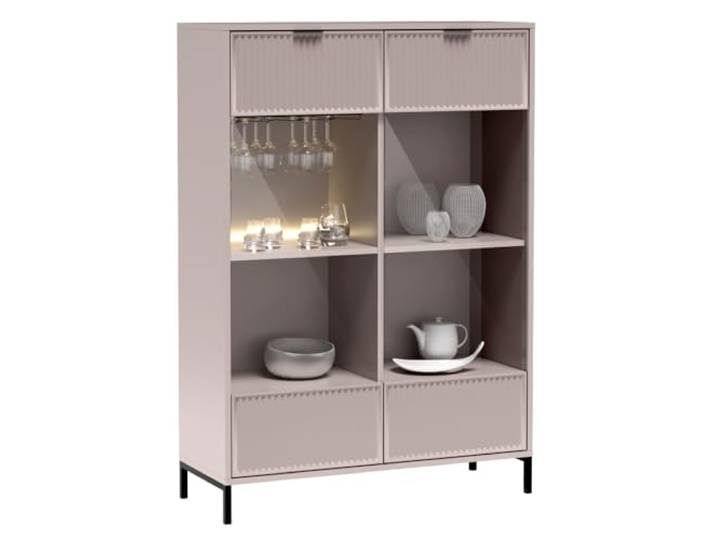 Lomadox Highboard Vitrine in Kaschmir beige mit Rillenoptik Vitrinenschrank Kommode Sideboard mit Glas und Beleuchtung 2 Türen