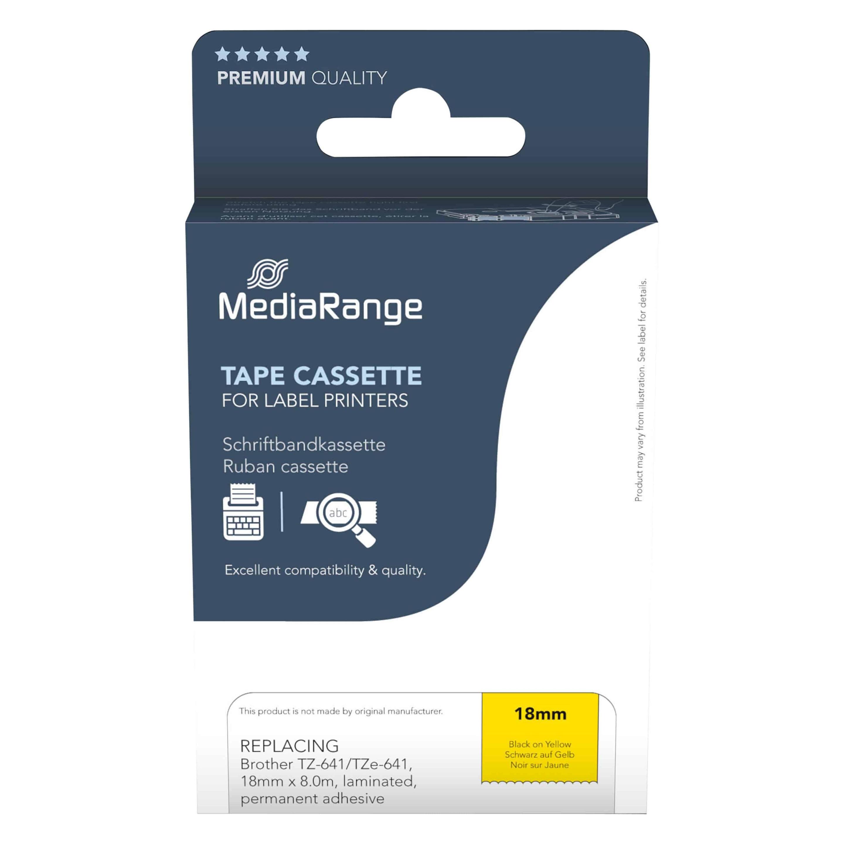 MediaRange Schriftbandkassette schwarz auf gelb 8m x 18mm (1.80 cm, Schwarz, Gelb) (MRBTZ641)