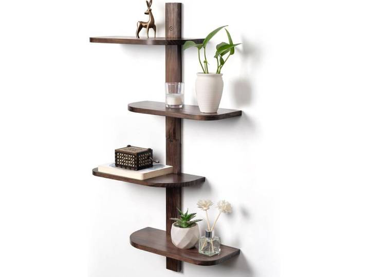 Étagère Murale Verticale 4 Niveaux En Bois Marron Gain De Place[BI79]