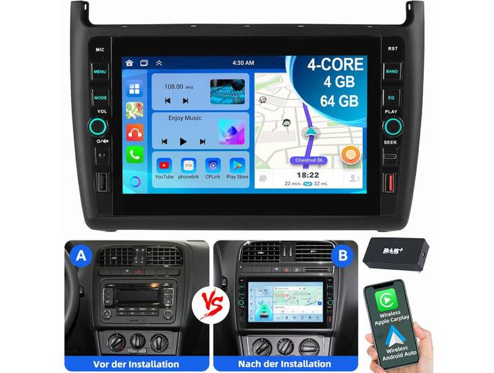 ESSGOO 8 Für VW Polo 6R 6C 2009-2017 Carplay GPS USB Type-C Autoradio (RDS, Digitalradio (DAB), FM, AM, Tastenbeleuchtung)
