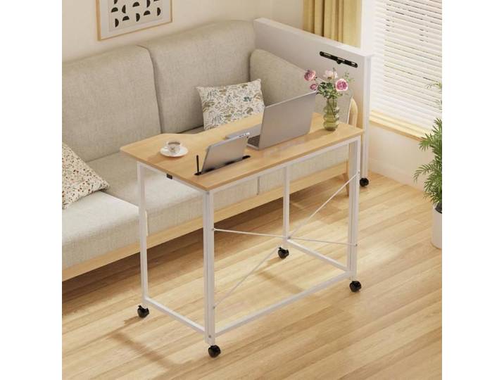 HOMEWELL. TABLE D'ORDINATEUR PLIANTE À ROULETTES - BUREAU - 90X56X75CM - COLORIS BOIS MASSIF