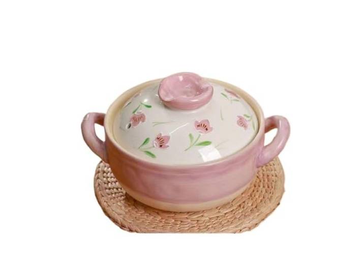 Handgezeichneter Eintopf aus Keramik Herd- und ofenfester Suppenauflauf, flache Schmorpfanne(Pink Roland-3L)