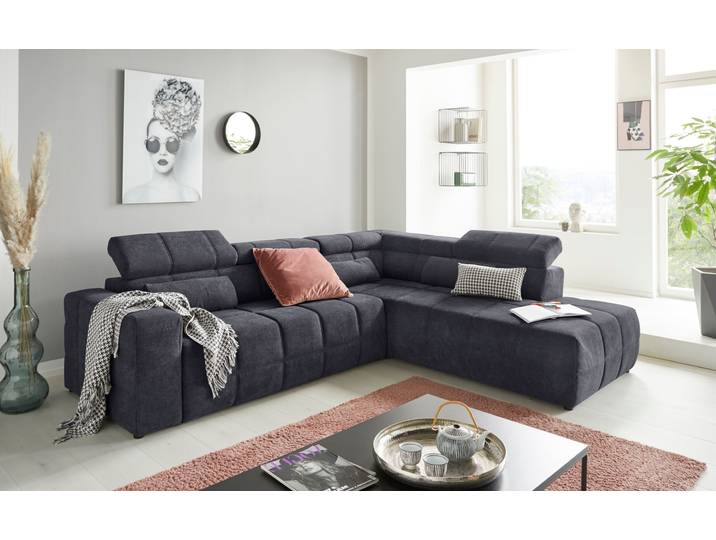 Ecksofa DOMO COLLECTION BRANDON bequem, Breite 275cm, L-Form, auch in Leder , blau (dunkelblau), B:275cm H:80cm T:228cm, Sofas, Ecksofa, inklusive Kopfteilverstellung, wahlweise mit Sitztiefenverstellung