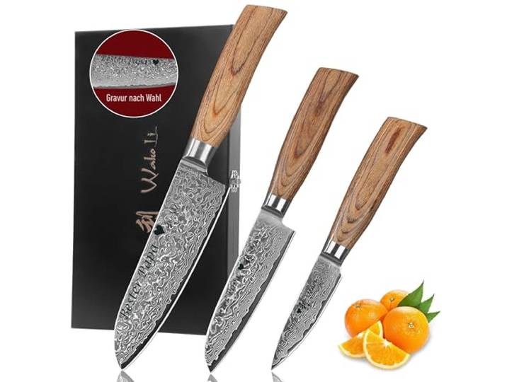 Wakoli EDIB Pro Damastmesser Set mit Gravur – Personalisiertes 3er Messerset, 16 cm, 11 cm & 8 cm Klingen aus 67 Lagen Damaststahl (VG10-Kern), ergonomische Pakkaholzgriffe – in Holzbox