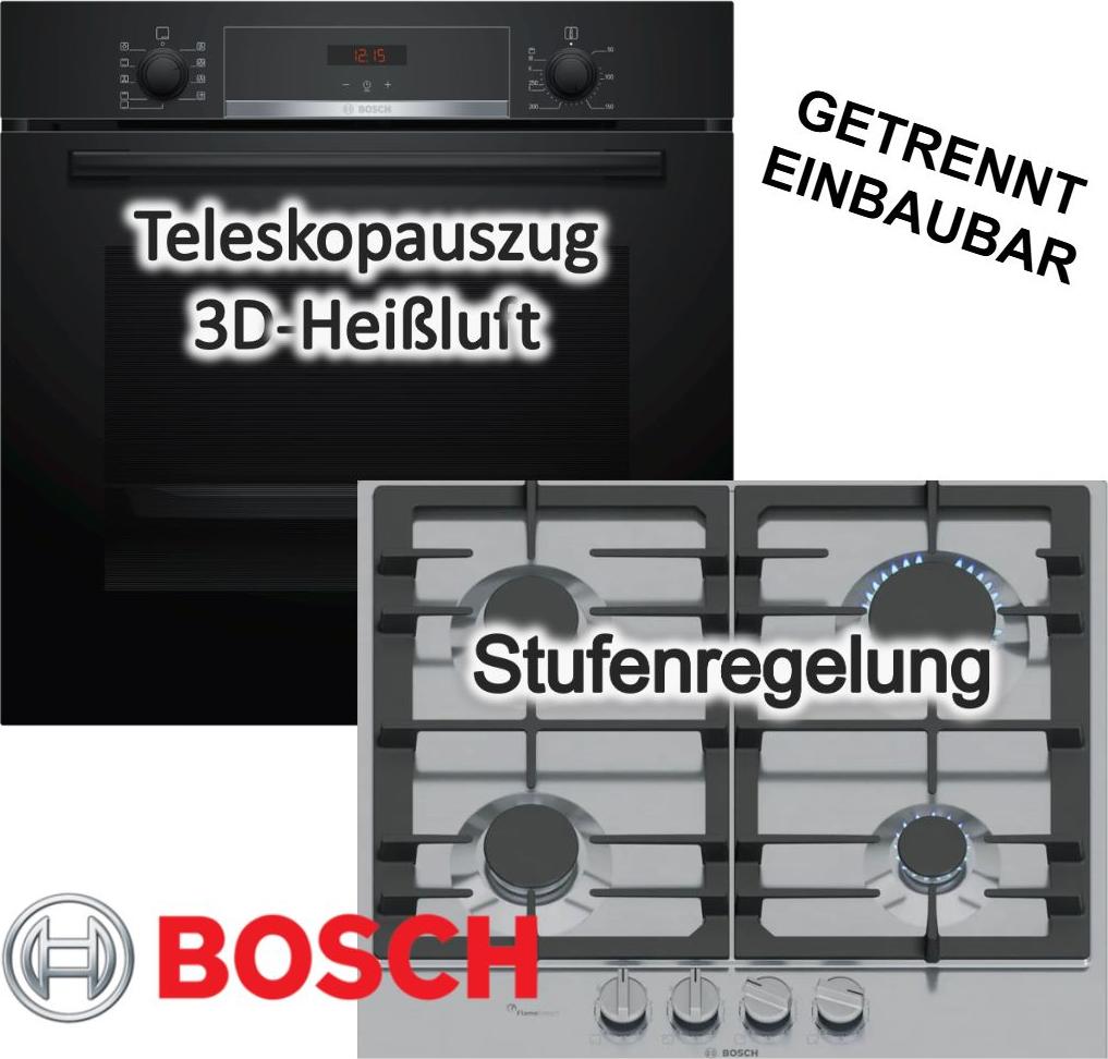 Bosch Herdset 3D-Heißluft Hydrolyse Pizzafunktion Teleskopauszug + Gas Kochfeld FlameSelect Zündsicherung