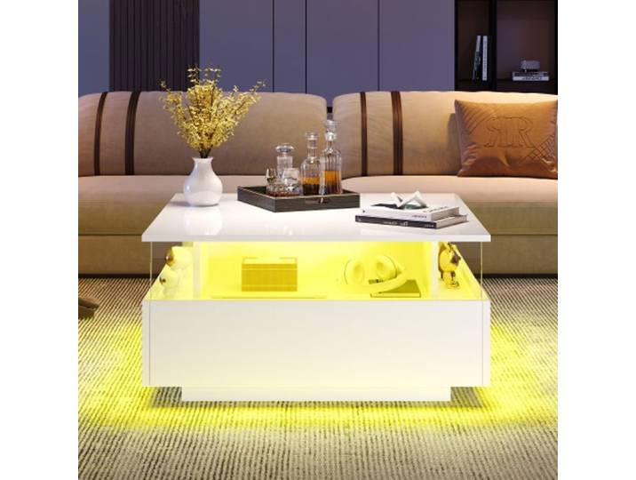 Table basse carre table caf vitrine transparente avec deux tiroirs et clairage LED blanche 707041cm-HAUSS SPOLE