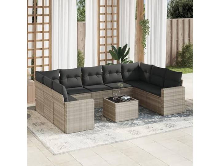 ZQQLVOO 10-TLG. Poly Rattan Sofagarnitur Hellgrau mit Kissen Modulares Design, abnehmbare waschbare Bezüge, Tischplatte aus Hartglas, wetterbeständig