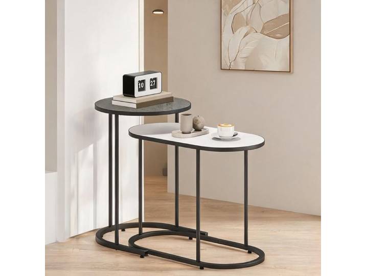 Table basse gigogne contemporaine design empilable grise et blanche en métal et MDF
