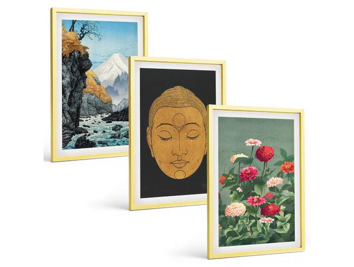 Tulup Bilder SET 3er Set - 40x60 cm Goldrahmen - Japanische Natur, Japandi-Kultur, Goldfarben, Kunststoff, Rechteckig, 40x60 cm, einfache und schnelle Anbringung, Bilder & Rahmen, Bilder