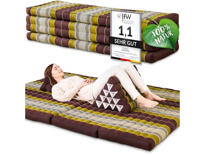 Namasdee Klappmatratze 200x140x8cm mit 100% natürlicher Kapokfüllung (Braun/Grün)