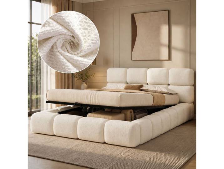 Lit double 180x200 cm avec coffre hydraulique design nuage tête de lit rembourrée bouclé blanc