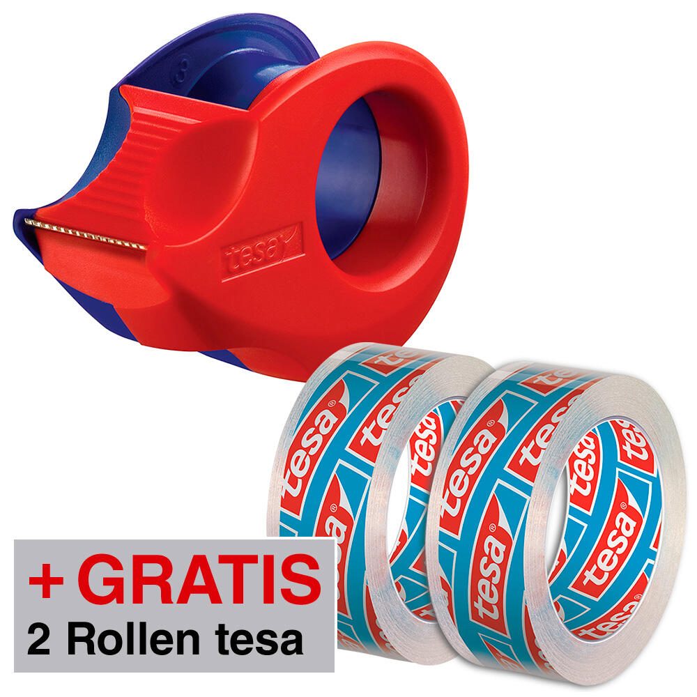 tesa Klebefilmabroller Mini-Abroller rot/blau + GRATIS 2 Rollen tesafilm Kristall-Klar, 10,0m x 15,0mm (LxB) 57940-00000-07