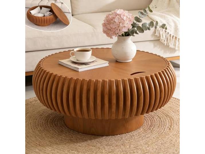 YAOBAO Runder Couchtisch mit Staufach 80 cm Sofatisch Holz für Wohnzimmer Runder Trommel Sofatisch mit Sockel, modern geriffelter Wohnzimmertisch für kleine Räume/Balkon, einfache Montage, Braun