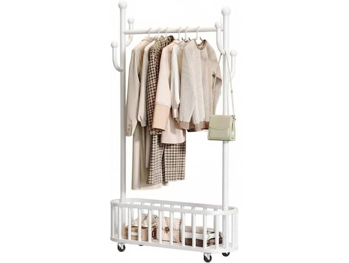 Porte-manteau sur roulettes Portant à vêtements sur pied à roulettes crochets latéraux panier de rangement 175x 80x32cm blanc