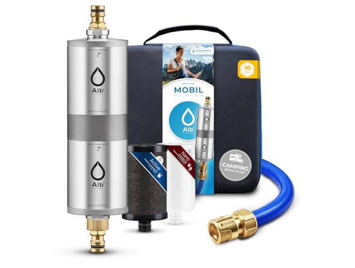 Alb Filter MOBIL FUSION Befüllfilter Camping Edelstahl Natur Zweistufiger Wasserfilter gegen Schadstoffe & Keime bis 0,1 µm, Befüllfilter, GEKA-Set Gardena-kompatibel, Made in Germany