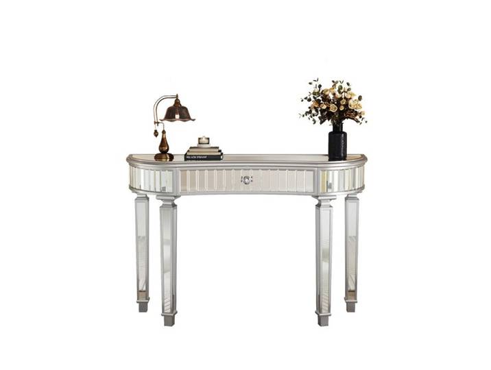 Table console demi-lune miroir 120 cm – 1 tiroir – Gris et argenté