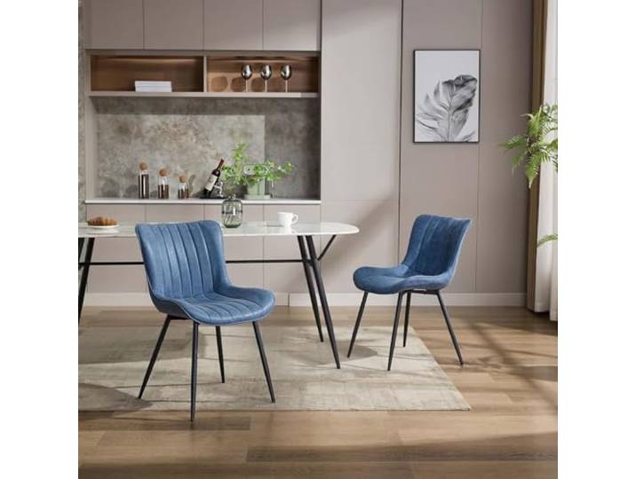 RBFGYIOP Set mit 2 modernen gepolsterten Esszimmerstühlen – Kunstleder blau – Beine aus schwarzem Metall – ergonomische Rückenlehne – perfekt für Esszimmer, Küche, Wohnzimmer – vertikale Streifen