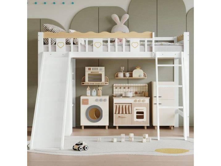 Lit étage enfant avec toboggan et rangement sous le lit - barrière 4 côtés pinmdfcontreplaqué blanc naturel 90x200
