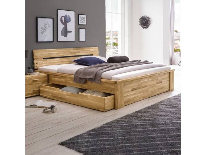 HOMELIV. Bett Sumak Komfort Wildeiche Massivholz mit Schubkasten 140x200cm rustikal,