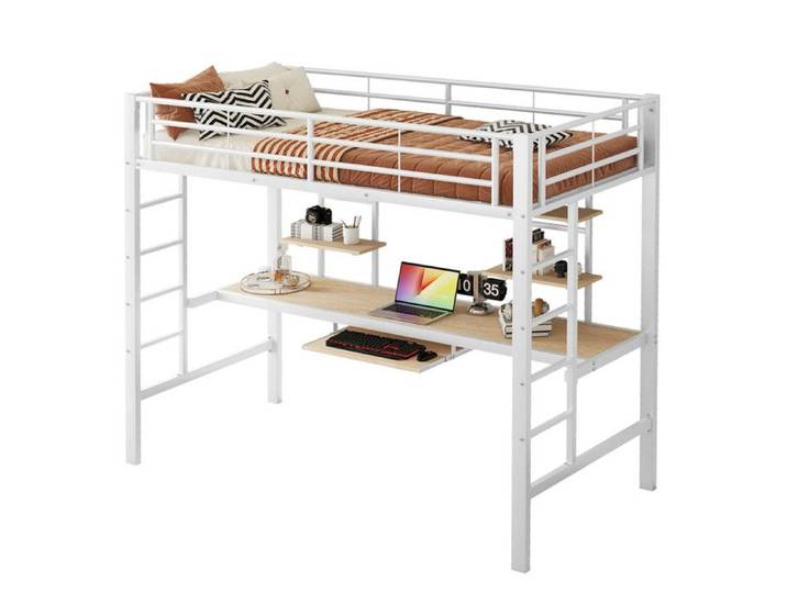 Lit mezzanine 90*200 cm cadre en métal lit mezzanine avec bureau et deux bibliothèques pour enfants adolescents et adultes blanc