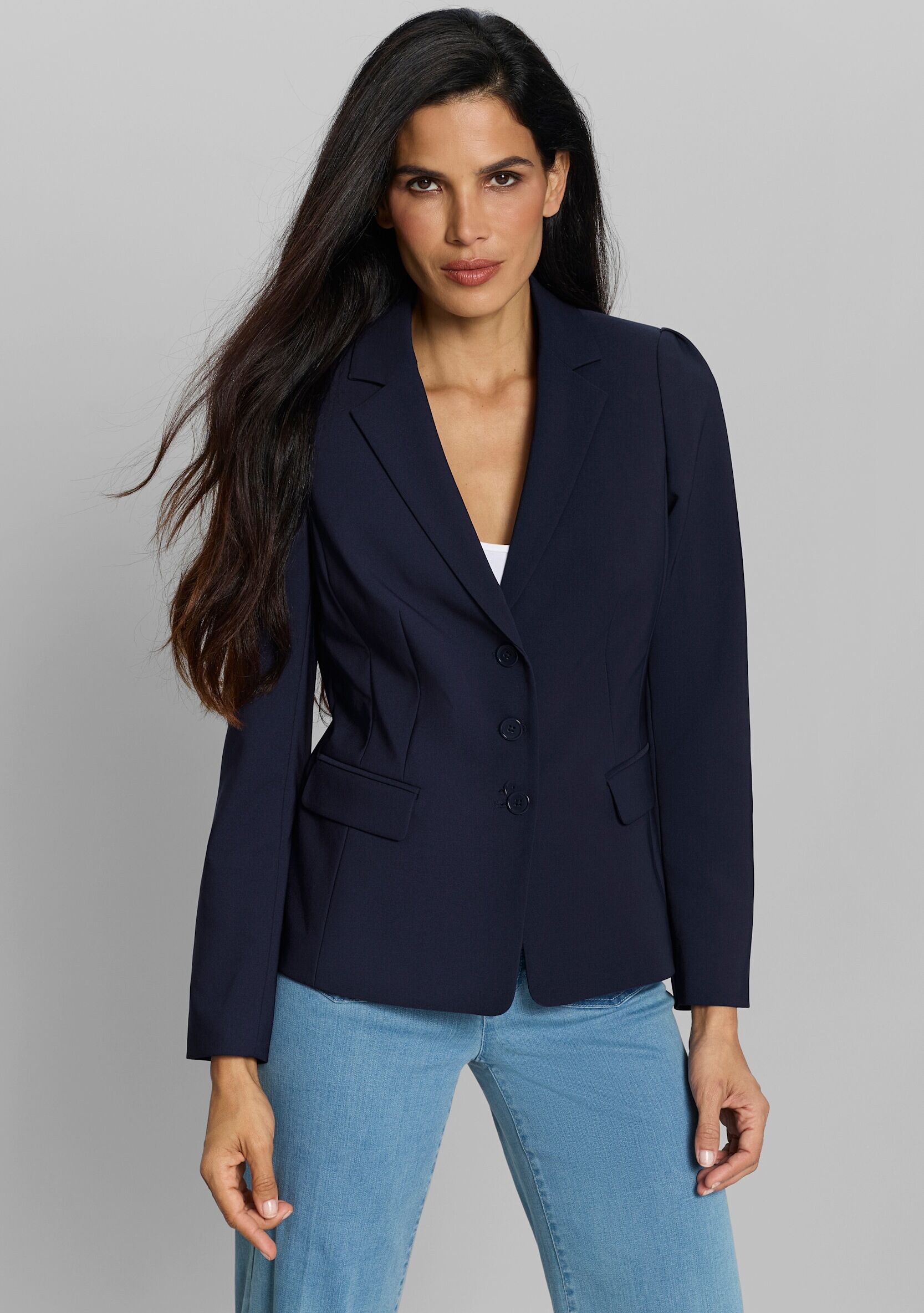 Kurzblazer HEINE "Blazer Blazer mit dezenten Puffärmeln", Damen, Gr. 50, marine, Web, Stoff, , Elegant, Blazer Kurzblazer
