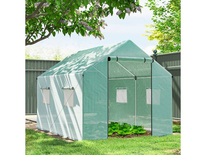 Outsunny Serre Tunnel 6m² Porte+4 Fenêtres Acier PE Vert
