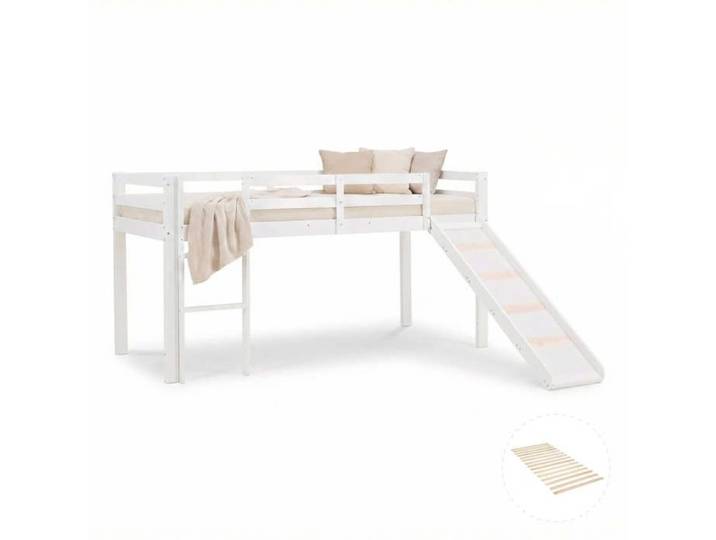 Lit Mezzanine Enfant 90x200 cm Blanc Basic Toboggan avec Sommier