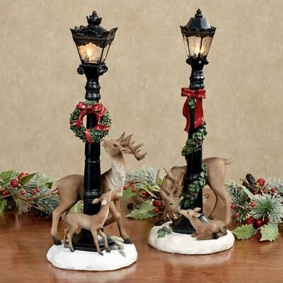 Melrose International LED Lighted Lampposts with Deer Figures Brown Set of Two, Set of Two, Brown