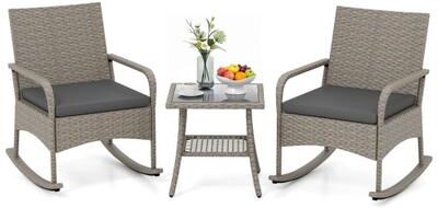 Costway 3-Piece Wicker Rocking Bistro Set with Cushions for Garden Backyard Porch-Gray