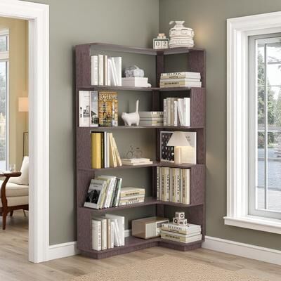 ZWYO HOSIMU "64.6"" Tall L-Shaped Corner Bookshelf with Anti-Tip & Anti-Drop Design, Open Display Cabinet for Living Room Study."