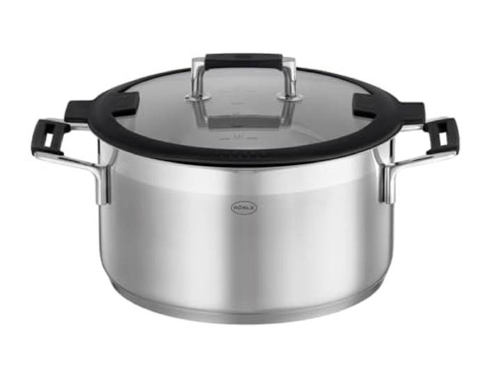 RÖSLE SILENCE PRO Kochtopf 24 cm, Edelstahl 18/10, Glasdeckel Hochwertiger Universaltopf mit Innenskalierung, induktions- und spülmaschinengeeignet, silbern/schwarz