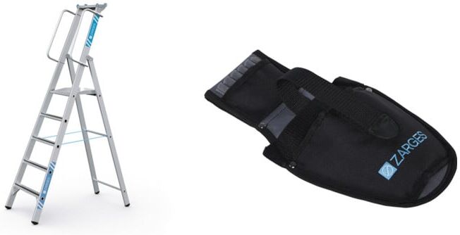 ZARGES Set Stehleiter mit Sicherheitsplattform, Leiterlänge 2320 mm, 5 Sprossen + Werkzeugtasche für Akkuschrauber