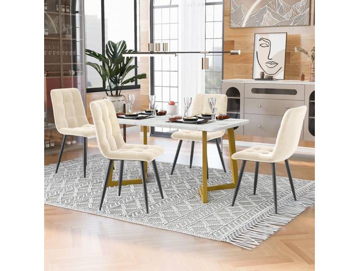 Table à manger - TRUXEN8 - 117cm - Velours Beige - Pieds dorés - Ensemble 4 chaises