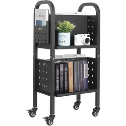 VEVOR Bücherwagen, 70 kg Tragkraft, Bibliothekswagen, 45 x 33 x 88 cm, Doppelseitiges L-förmiges Bücherregal mit Doppelbremsrollen, Bücherregalwagen für Wohnzimmer, Büro, Schule, Schwarz