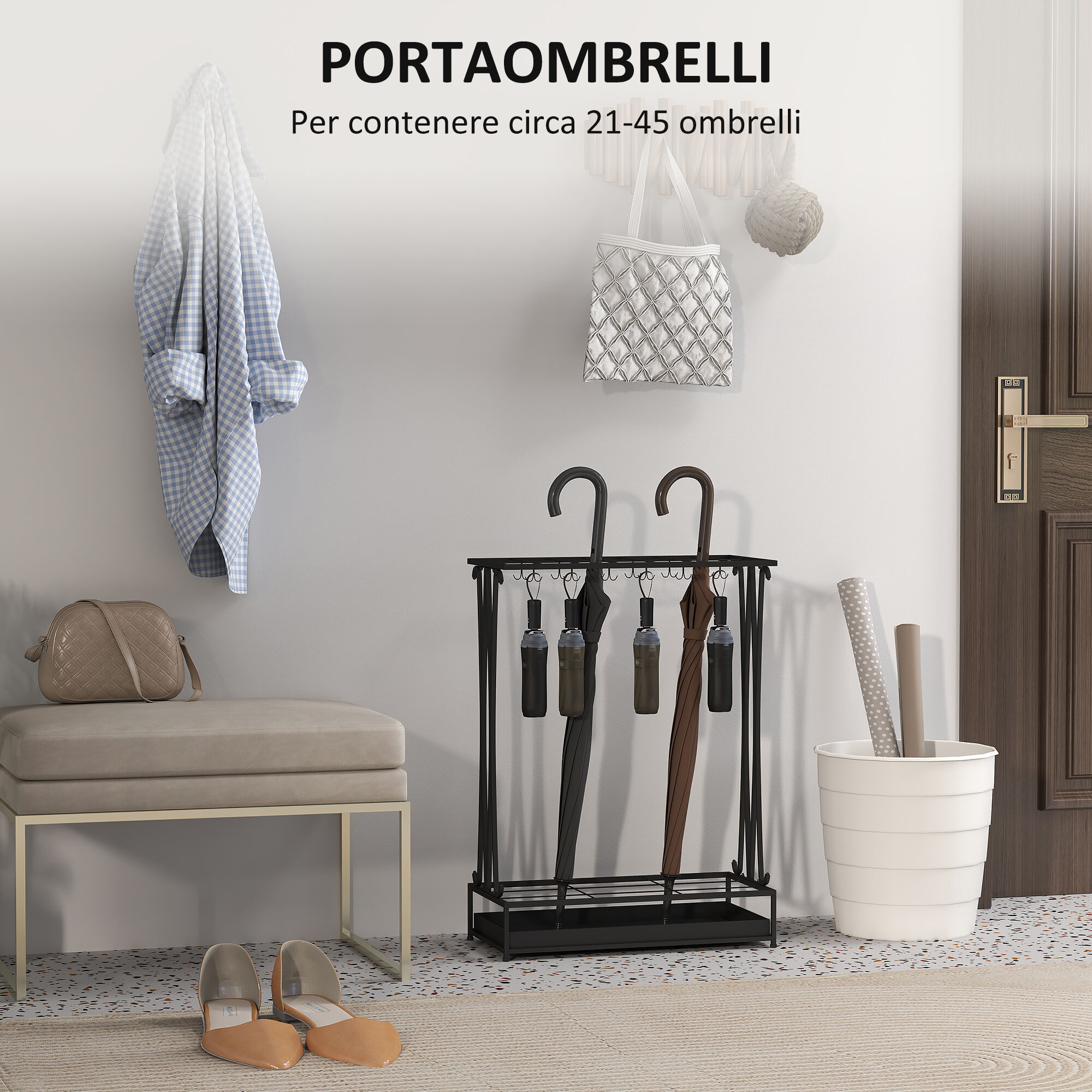 Altro Portaombrelli Con Vaschetta Per L'acqua, 21 Fori E 24 Ganci Per Ombrello, In Acciaio, 50x24x68 Cm, Nero