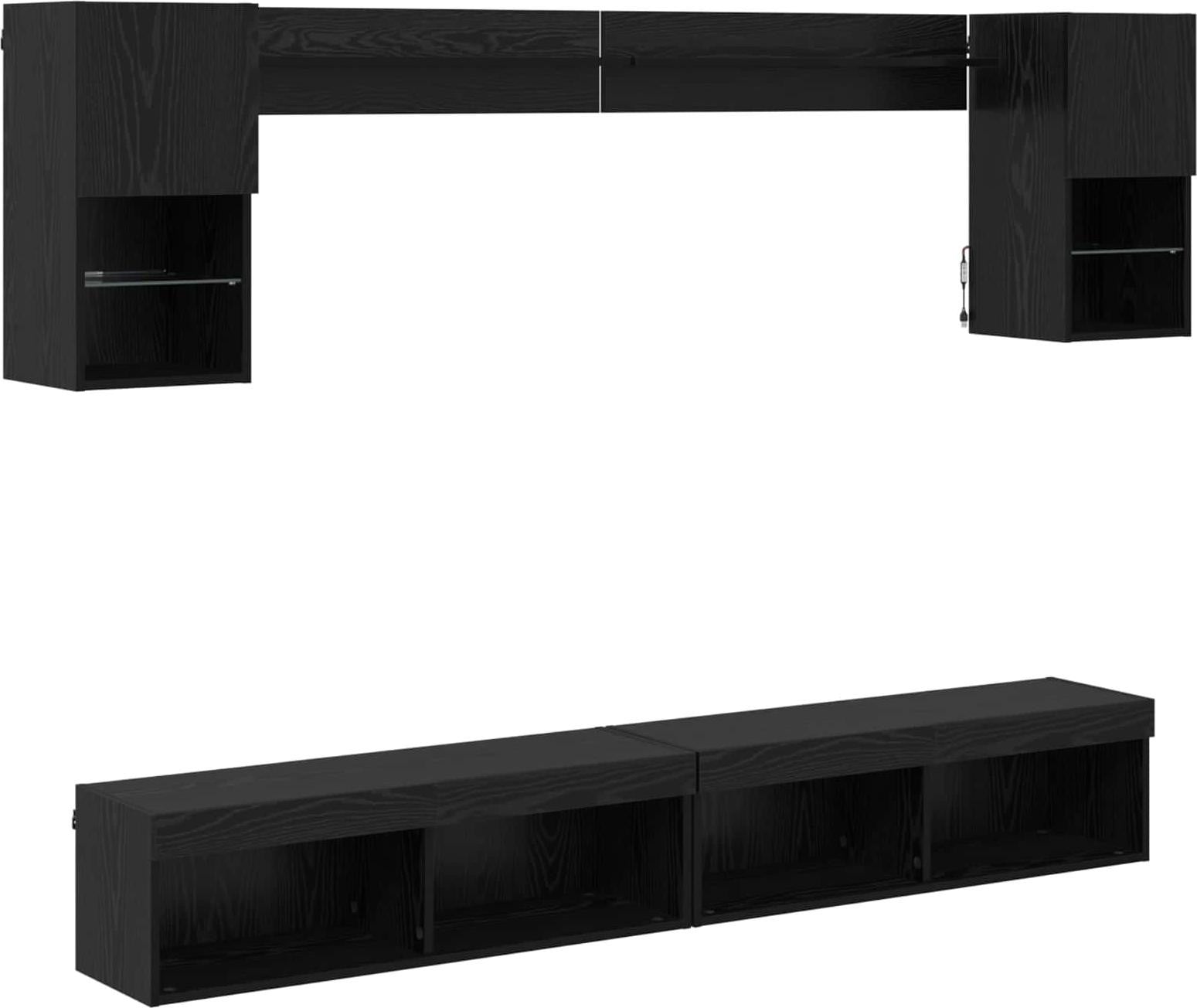 Set van 6 vidaXL moderne TV-wandmeubels met LED-verlichting, zwart met eikenhoutlook