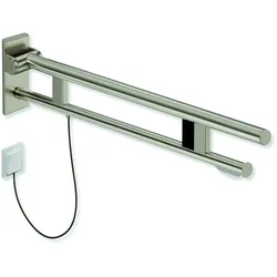 HEWI Stützklappgriff Duo Design A, Edelstahl PVD, Ausladung 850 mm, WC-Papierhalter, Spül-/Funktionstasten, links