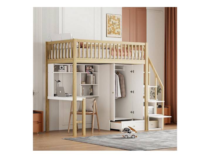 LuxusKollektion Hochbett Hochbett Kinderbett 90x200 Weiß mit Schrank