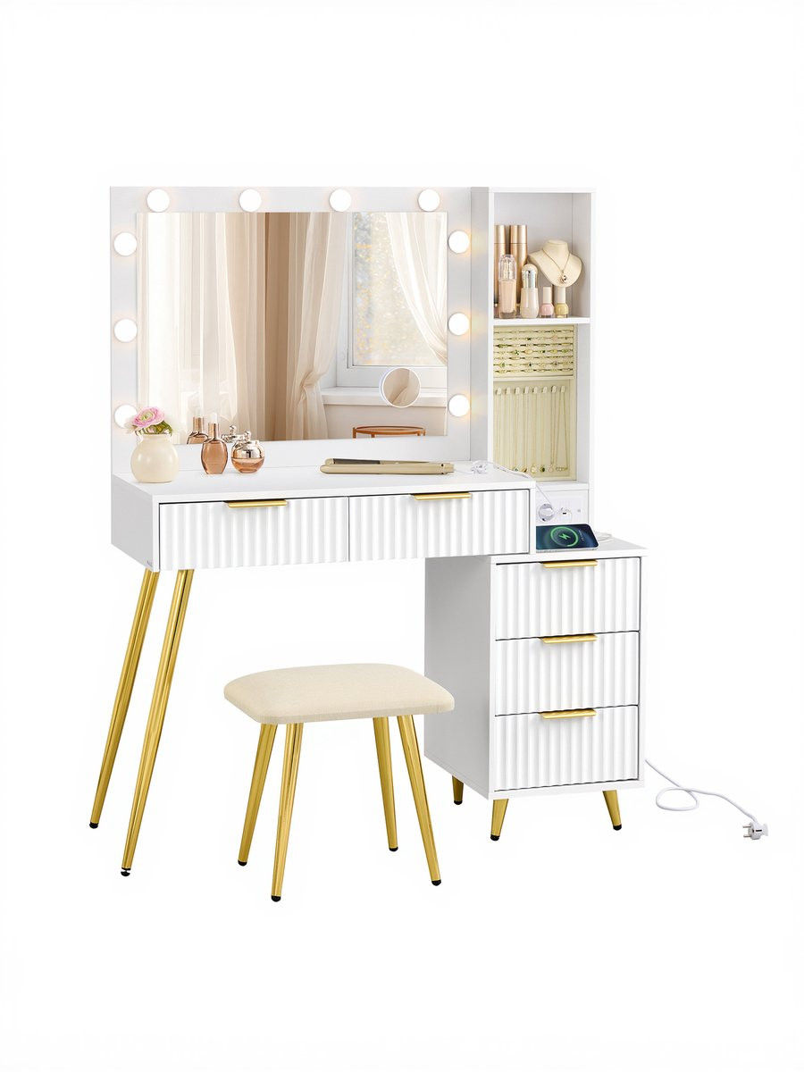 VASAGLE Kaptafel met Spiegel, Kruk en LED-verlichting en Oplaadstation