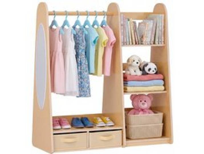 VEVOR Kinderkleiderschrank 98,5x40x106 cm, Kindergarderobe mit Spiegel Kleiderstange Ablagen, Verkleidungsschrank mit 2 Stoffschubladen für Mädchen, Kinderschrank für Kostüme Schlafzimmer, Naturholz