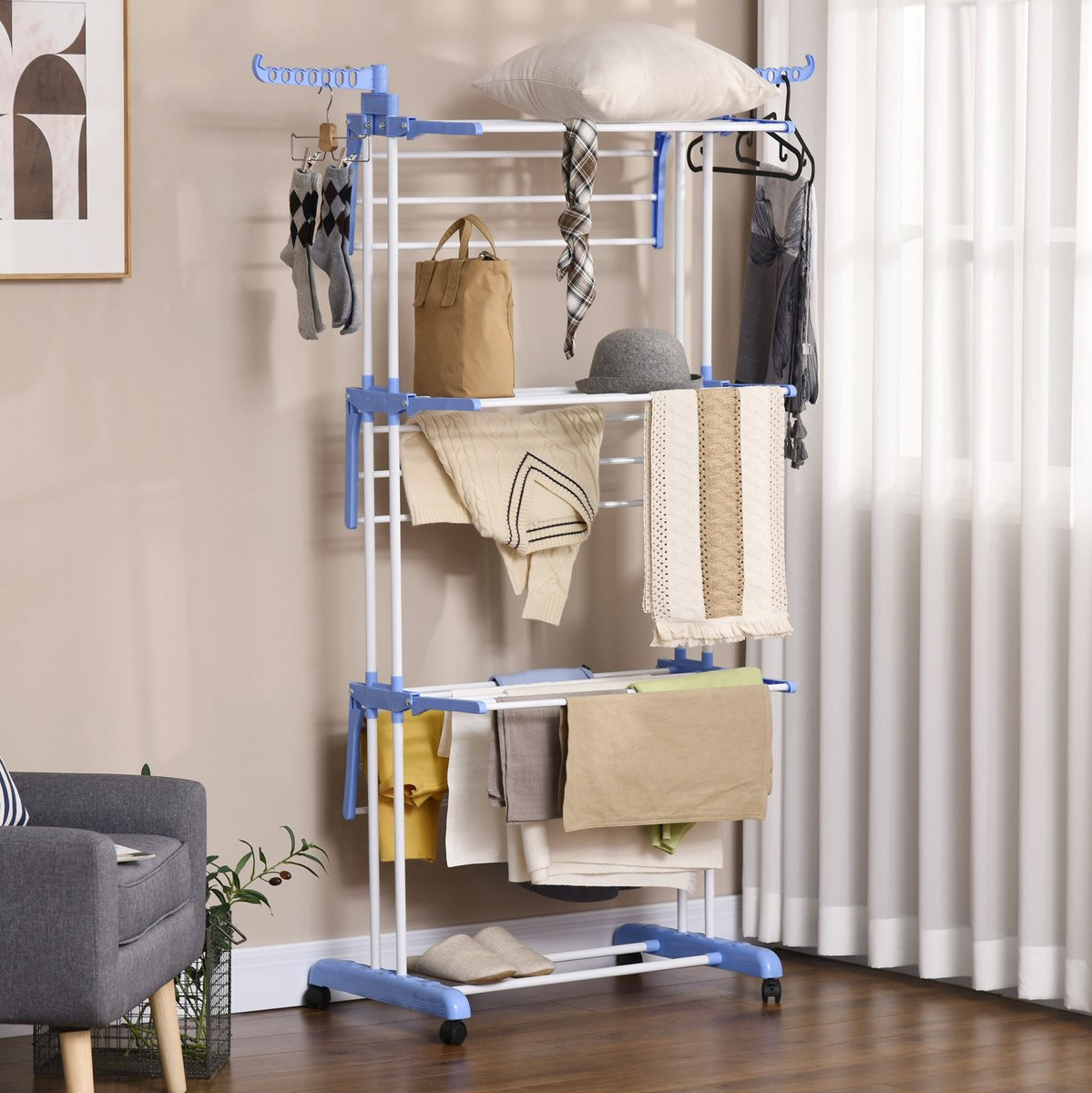Uitrekbaar droogrek Turm met 4 lagen en wielen, blauw, 73 x 64 x 177 cm