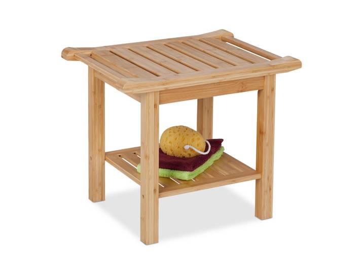 Relaxdays Badhocker Natur Bambus mit Ablage, Hellbraun, Holz, 55x45x40.5 cm, Badezimmer