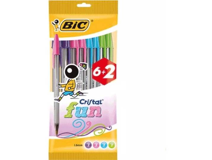 BIC Cristal Fun - Balpennen - 6+2 gratis - Diverse kleuren
