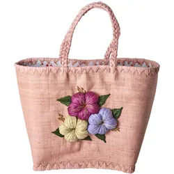 RICE Große Raffia Tasche mit Blumenstickerei, L:35 cm, B:35 cm, H:25 cm, Rosa